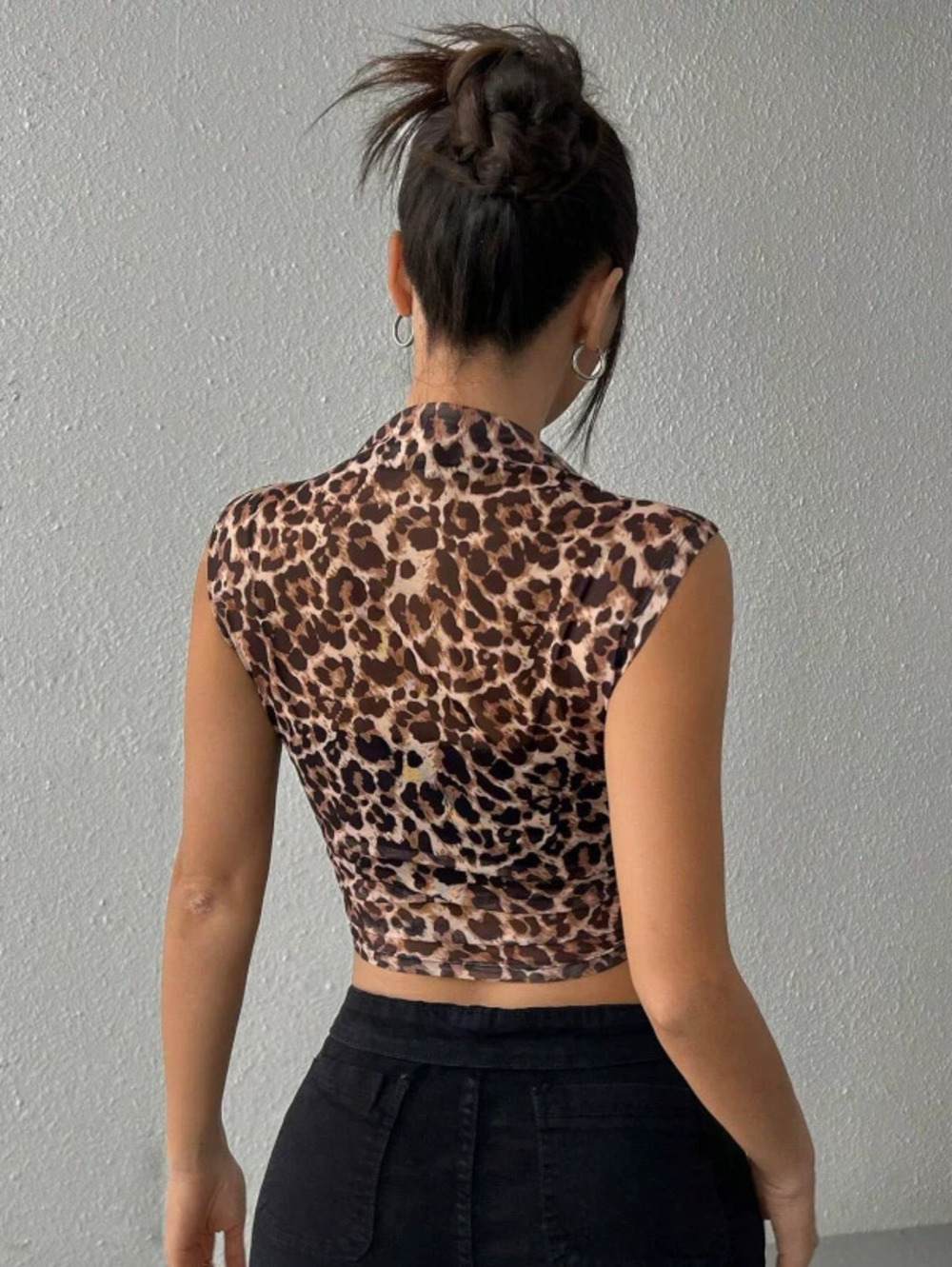 ZARA Summer Slim Sleeveless Leopard Print Stand Collar Sexy Womens Top